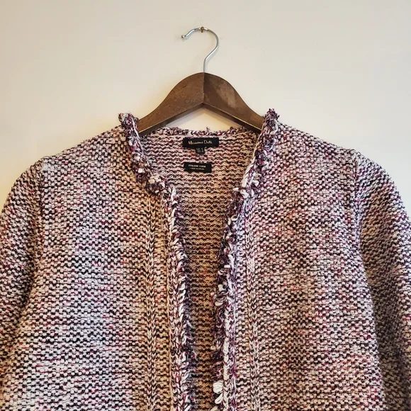 MASSIMO DUTTI |  Purple Tweed Frayed Hem Open Italian Yarn Blazer (Size S) - Picture 4 of 14
